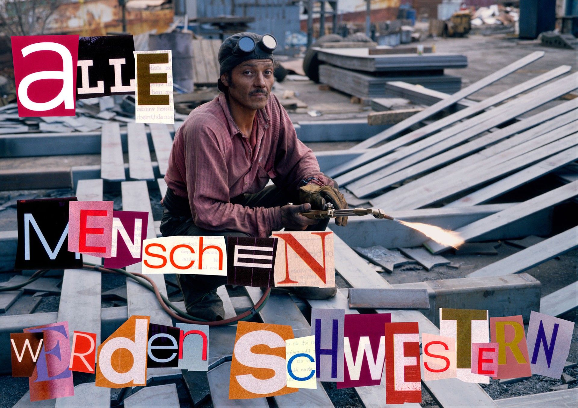 <p>Allan Sekula, <em>Alle Menschen werden Schwestern</em>, poster prepared for the G8 Heiligendamm, Germany protest rally in 2007; later that year the image was produced for documenta 12 as a billboard to greet travelers outside Kassel's railway station. Courtesy Allan Sekula Studio.</p>
